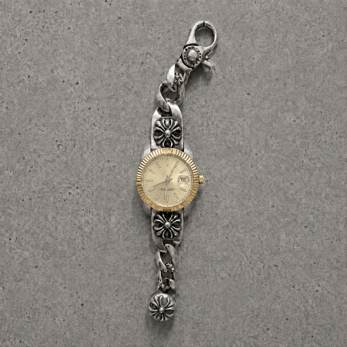 Chrome Hearts Vintage Floral Cross Bracelet Watch – Champagne Dial & Two-Tone Finish