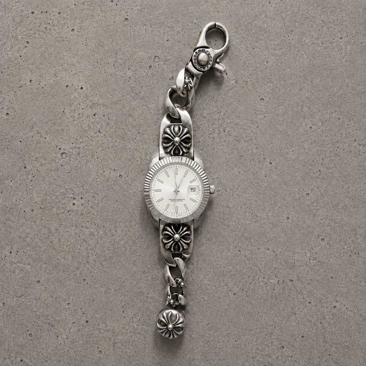 Chrome Hearts Vintage Floral Cross Bracelet Watch – White Dial