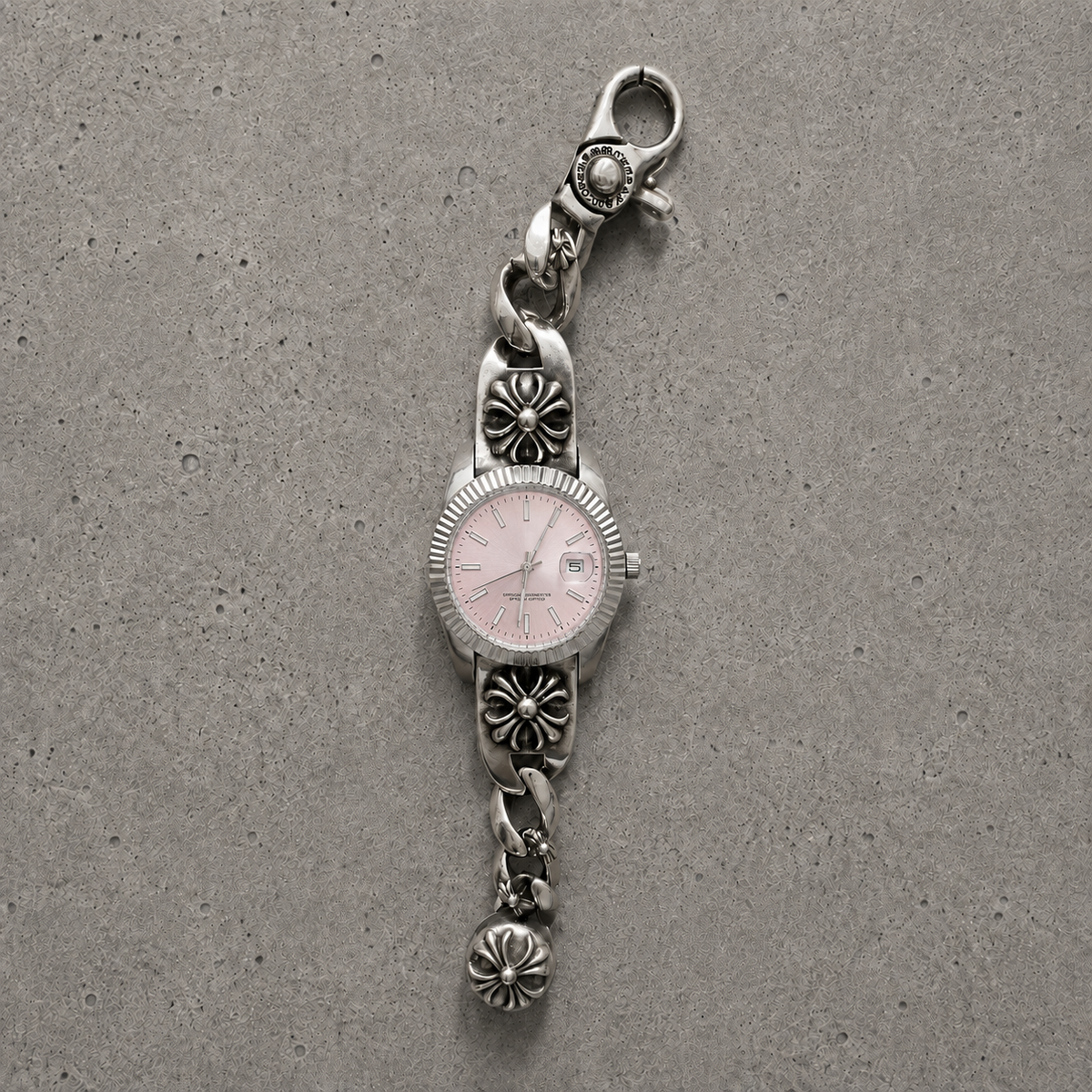 Chrome Hearts Vintage Floral Cross Bracelet Watch – Pink Dial