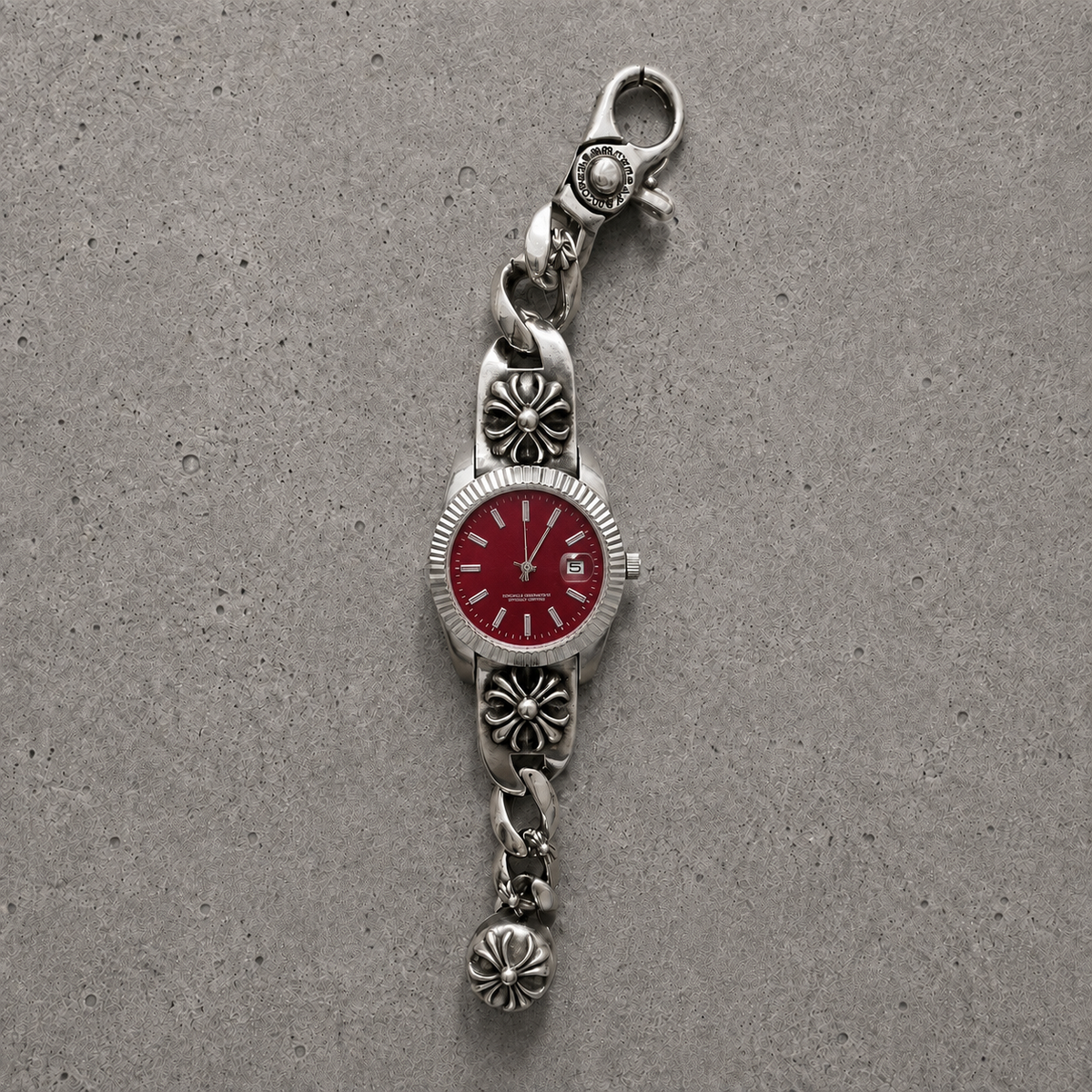 Chrome Hearts Vintage Floral Cross Bracelet Watch – Red Dial