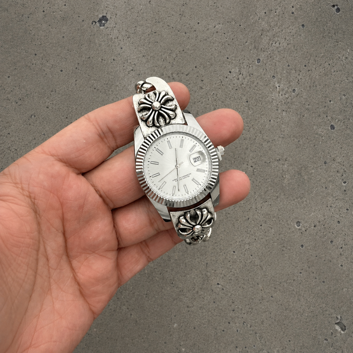 Chrome Hearts Vintage Floral Cross Bracelet Watch – White Dial