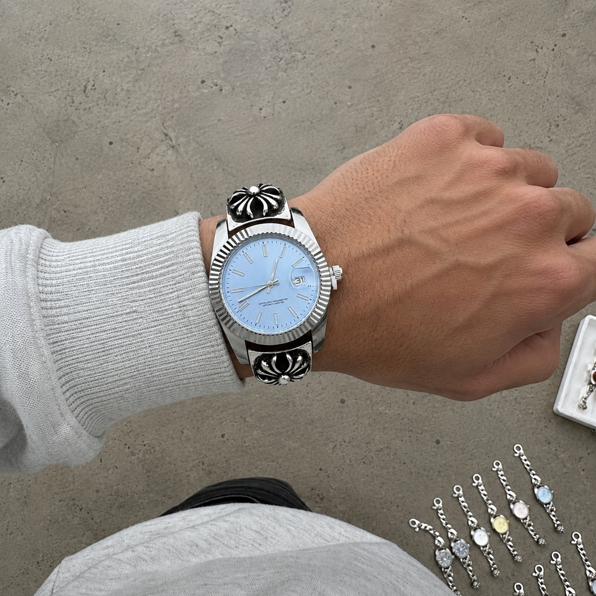 Chrome Hearts Vintage Floral Cross Bracelet Watch – Ice Blue Dial