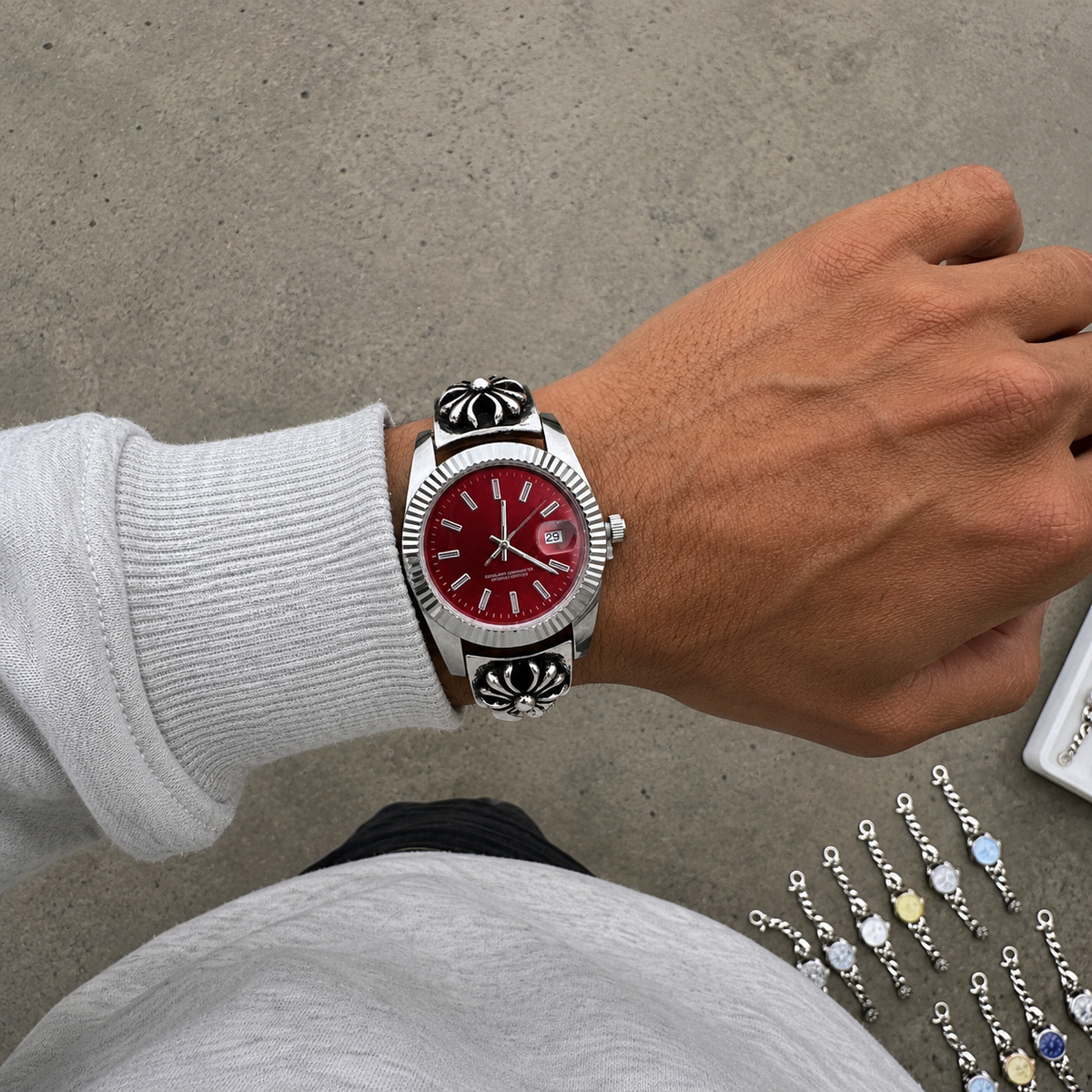 Chrome Hearts Vintage Floral Cross Bracelet Watch – Red Dial