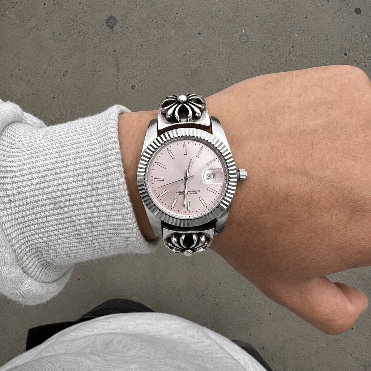 Chrome Hearts Vintage Floral Cross Bracelet Watch – Pink Dial