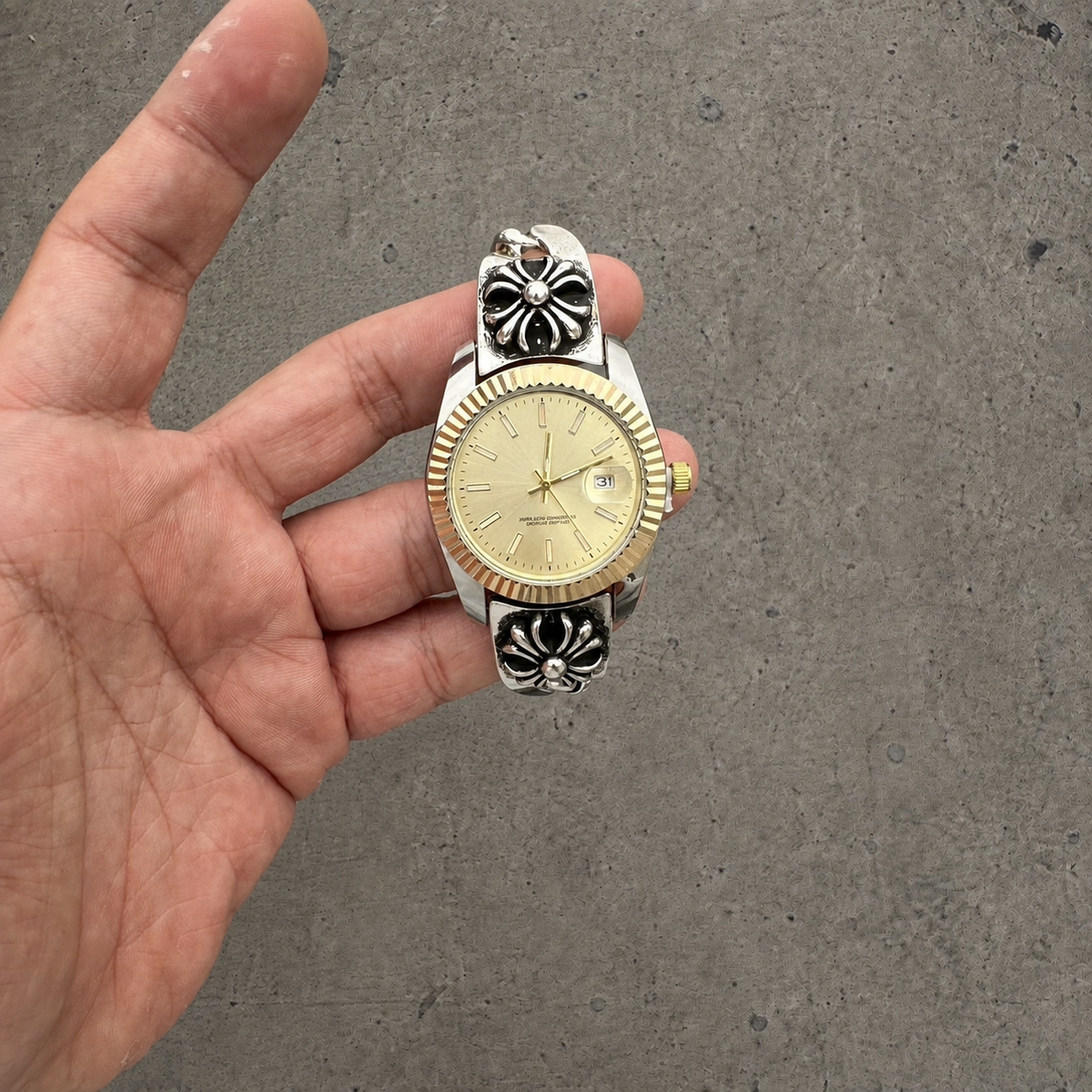 Chrome Hearts Vintage Floral Cross Bracelet Watch – Champagne Dial & Two-Tone Finish