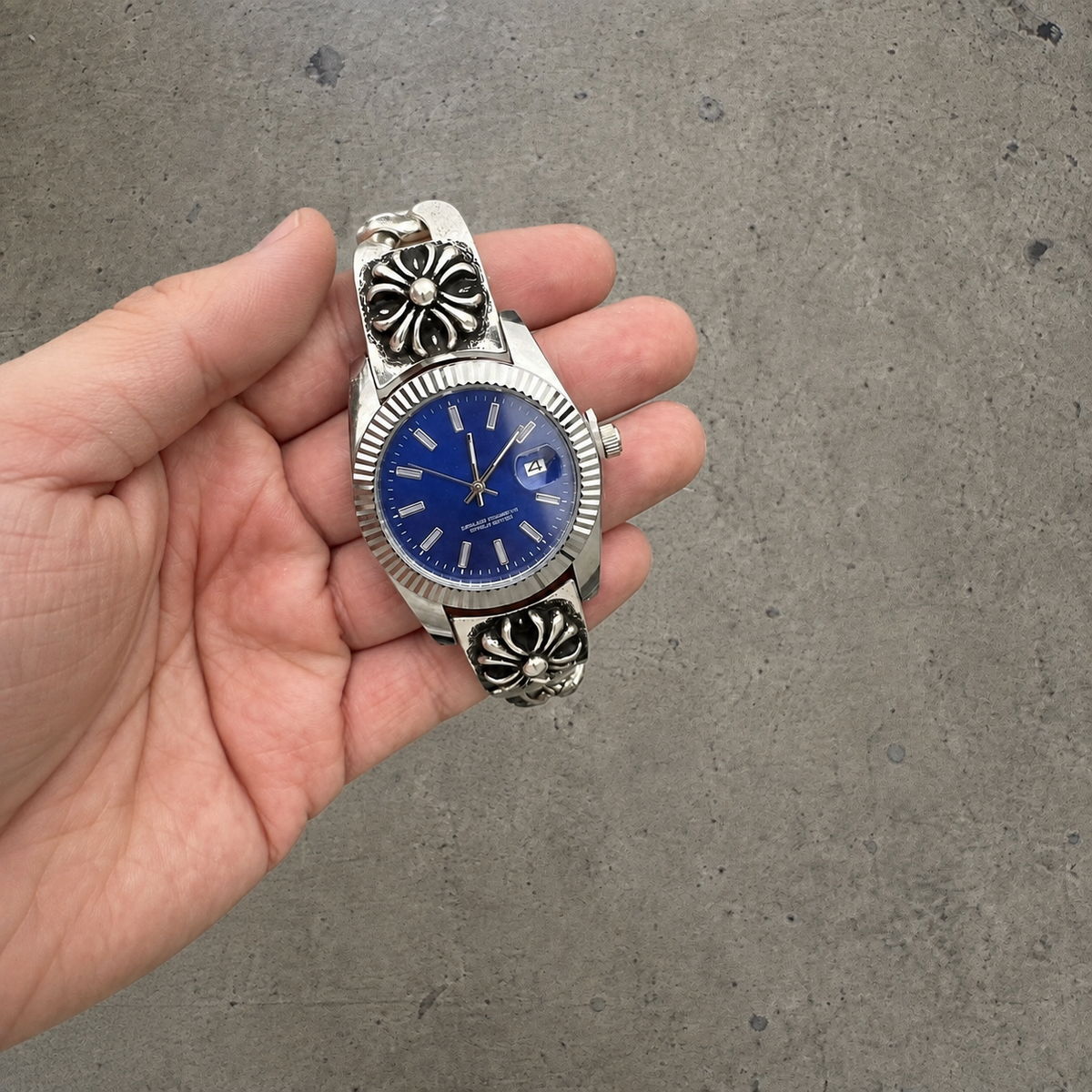 Chrome Hearts Vintage Floral Cross Bracelet Watch – Blue Dial