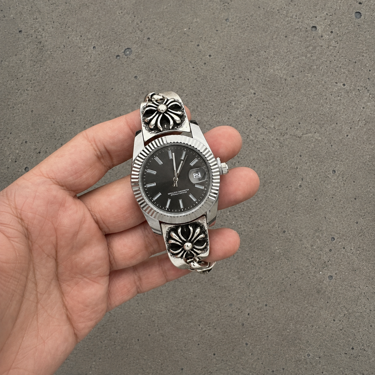 Chrome Hearts Vintage Floral Cross Bracelet Watch – Black Dial