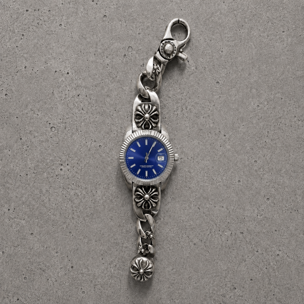 Chrome Hearts Vintage Floral Cross Bracelet Watch – Blue Dial