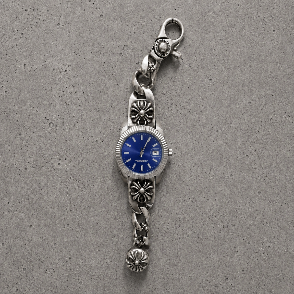 Chrome Hearts Vintage Floral Cross Bracelet Watch – Blue Dial